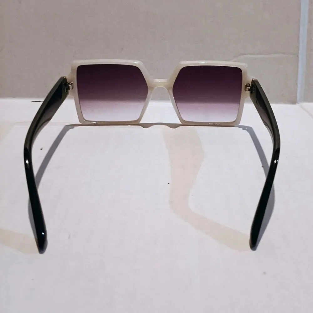Womens Oversized Flat Top Square Sunglasses-Violet Lenses-White-Black-Gold Detai